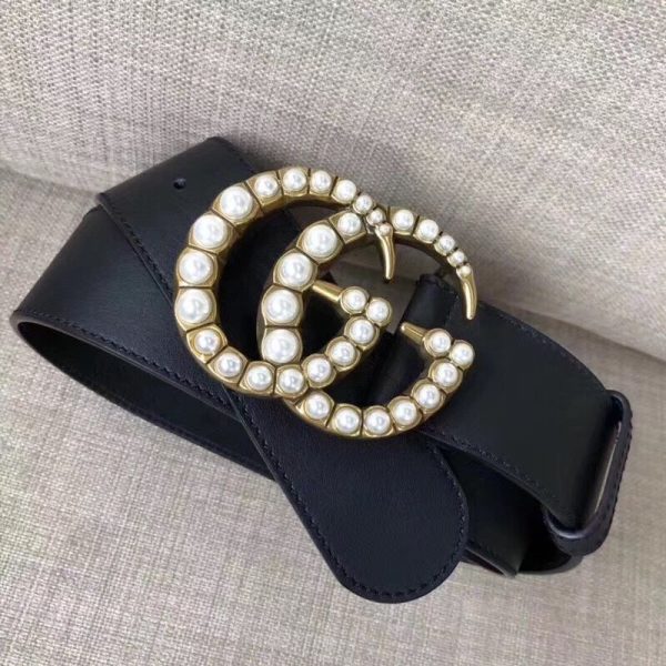 Gucci Leather Replica Belt Black w/ Pearl Double G - Image 2