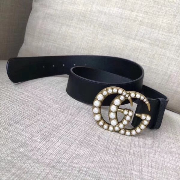 Gucci Leather Replica Belt Black w/ Pearl Double G - Image 3