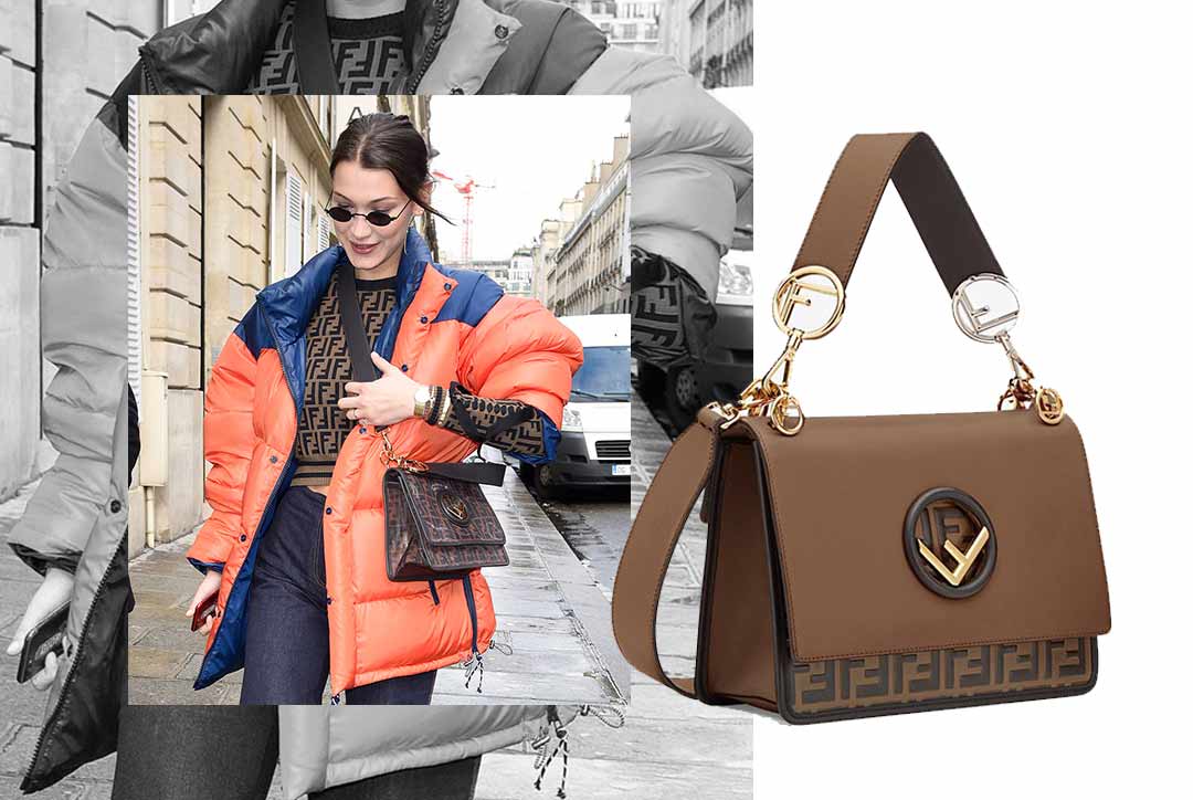 Kendall Jenner holding a Brown Fake Fendi Khan Bag