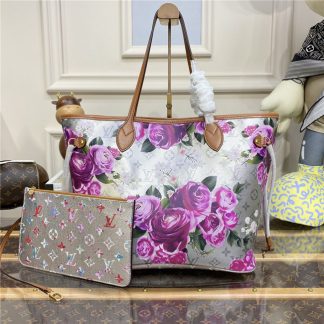 fake Louis Vuitton neverfull mm on stand, decorated with a gorgeous all-over flower pattern