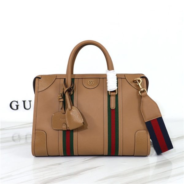 Gucci Medium Canvas Top Handle Bag 715666 Light Brown Leather