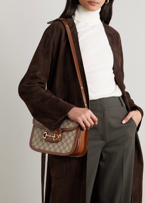 model posing in brown coat with a Gucci replica shoulder bag